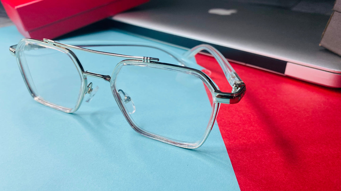 Modern Clear Navigator Optical Frames – Transparent Square Design with Silver Double Bridge
