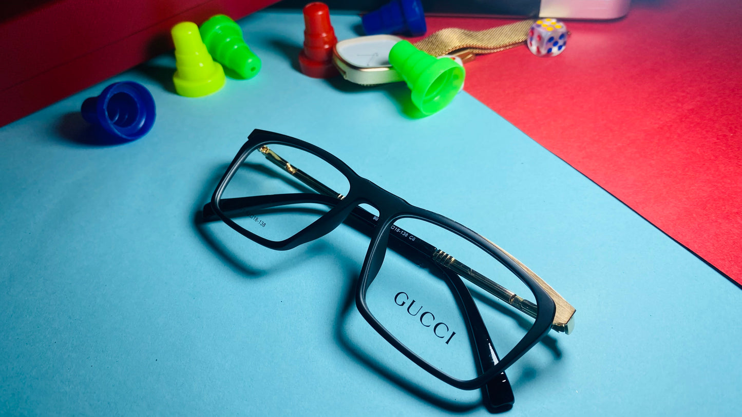 Gucci Rectangular Eyeglasses – Matte Black & Gold Optical Frames (Unisex)