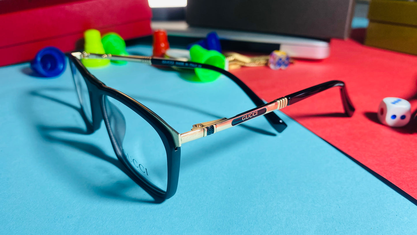 Gucci Rectangular Eyeglasses – Matte Black & Gold Optical Frames (Unisex)